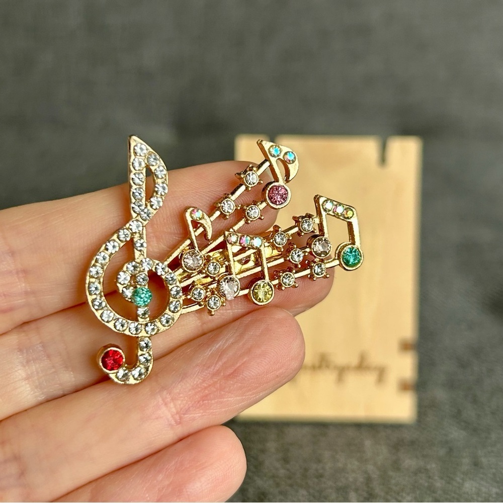 Upcycled Sparkly Treble Clef, Music Note Colorful Rhinestone Brooch Pin, Gold